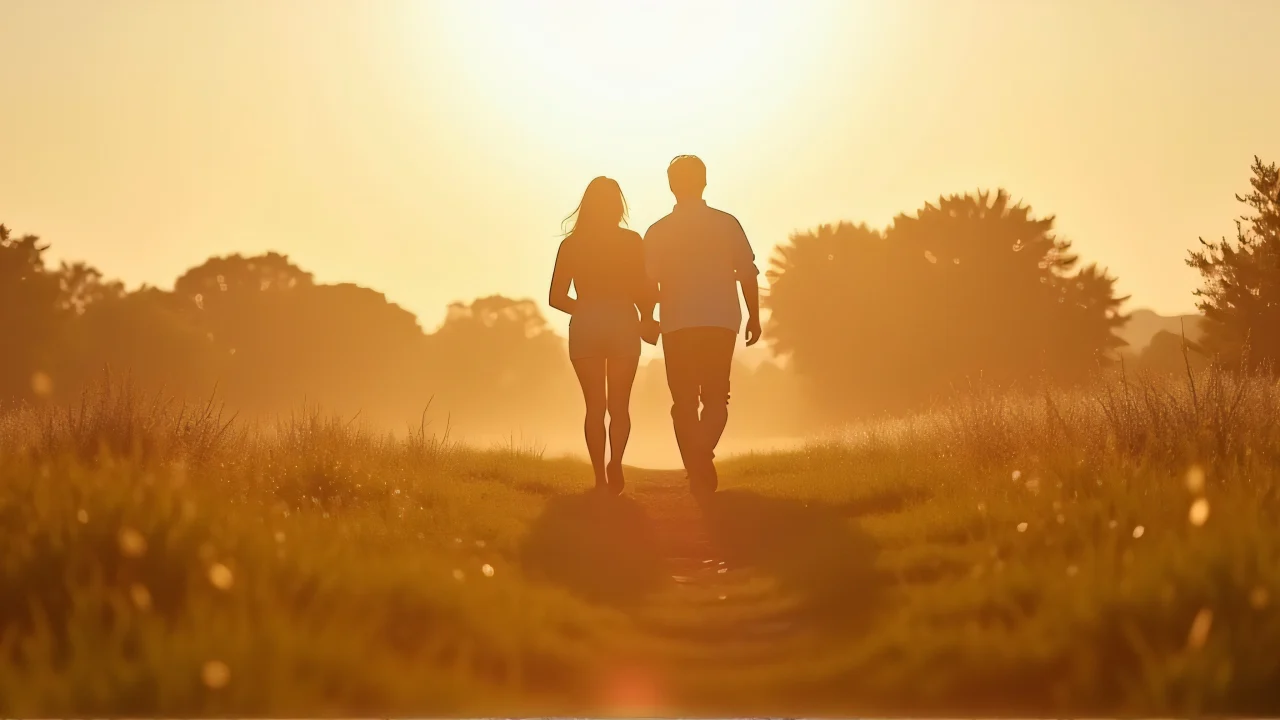 A couple strolls through a grassy field during golden hour.