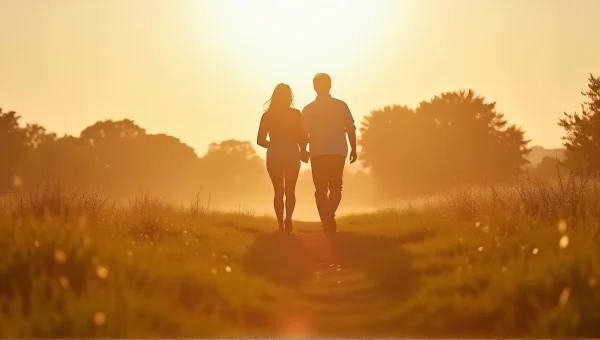 Couple Walking on Grassy Field at Golden Hour