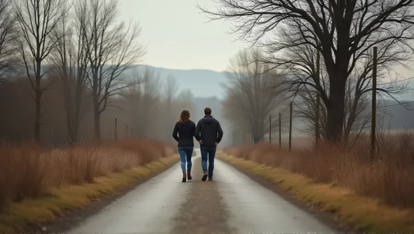 Couple Walking Narrow Country Road Leafless Trees