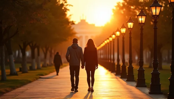 Couple Walking Pathway With Lampposts Backlit Sun