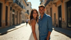Couple Walking On Sunlit Cobblestone Street