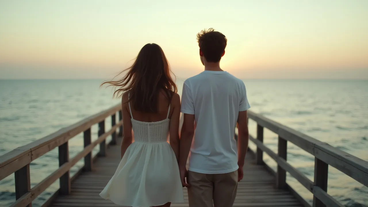 Back view of a couple standing on a wooden boardwalk facing the sea at sunset with gentle winds.