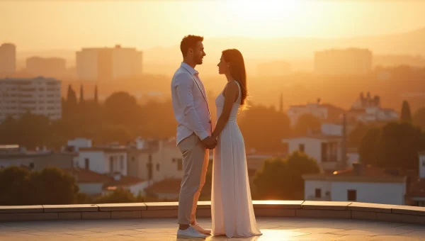Couple in White Clothing on Rooftop at Golden Hour