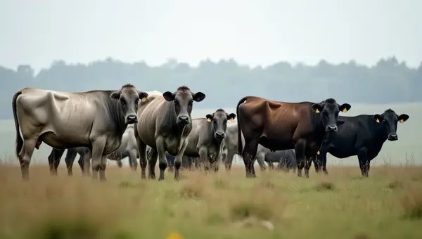 Cows Grazing on Pasture Under Soft Overcast Light