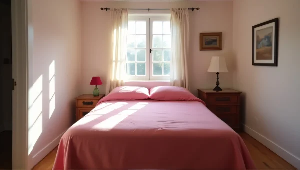 Cozy Bedroom With Pink Bedspread Under Window