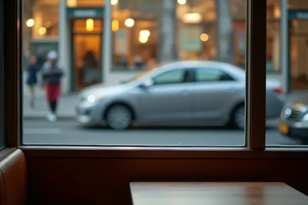 Cozy Restaurant Booth with Evening Street View