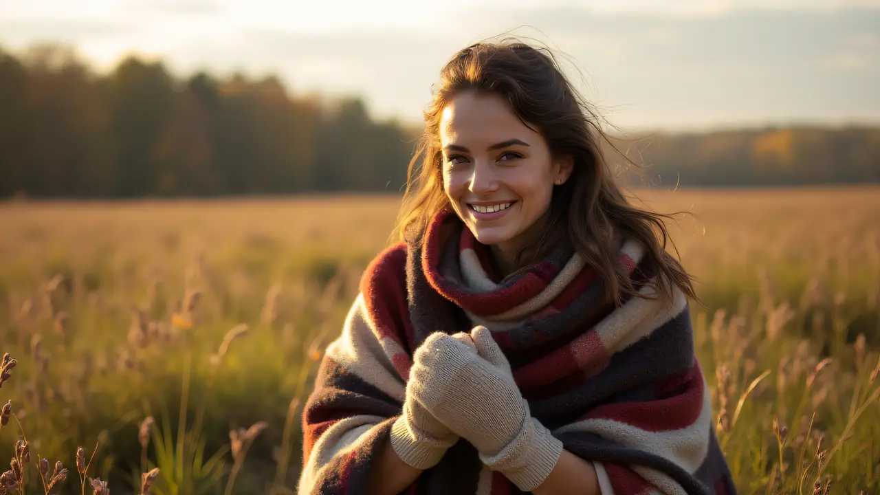 A woman in a wool blanket and knitted mittens sits peacefully in a grassy field during soft morning light.