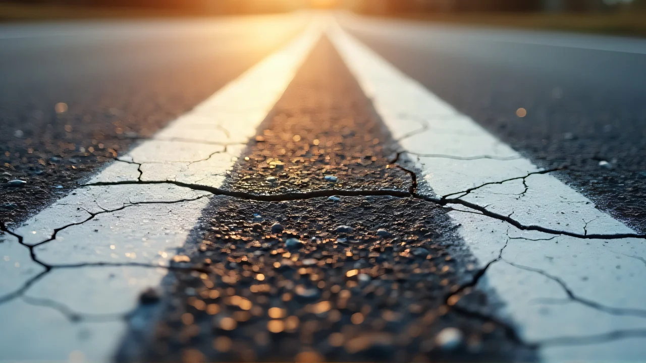 Close-up view of cracked asphalt with white lane markings and sunlight shadows.