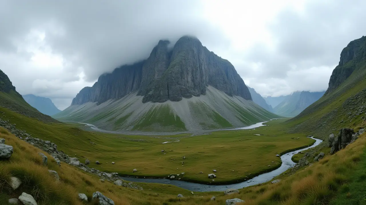 Wide-angle view of craggy mountain ridge and winding river under an overcast sky.