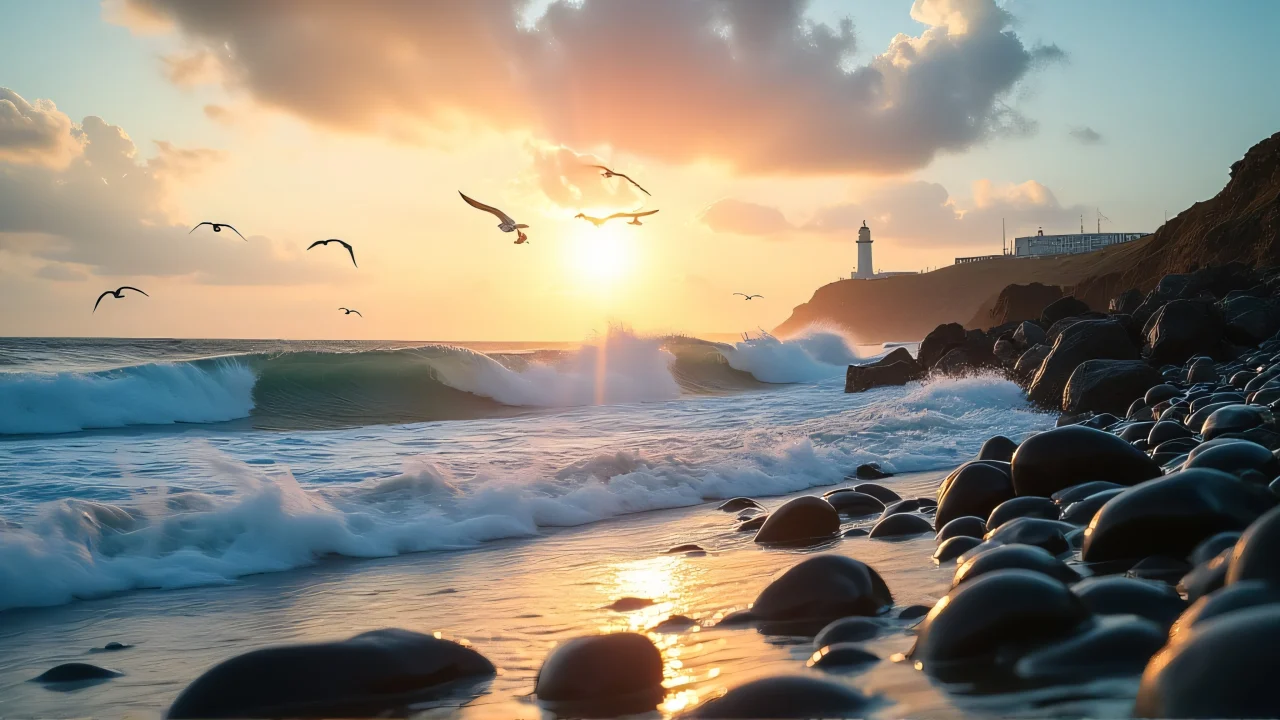 Wide-angle view of crashing waves on a rocky shore during sunset with seabirds in flight.