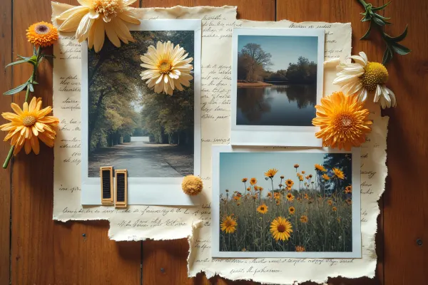 Creative Collage With Polaroid Photos And Flowers
