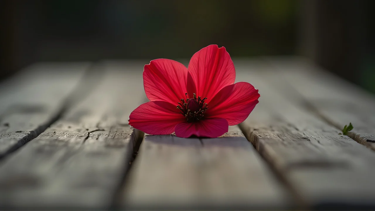 A single crimson flower placed on a weathered wooden surface.
