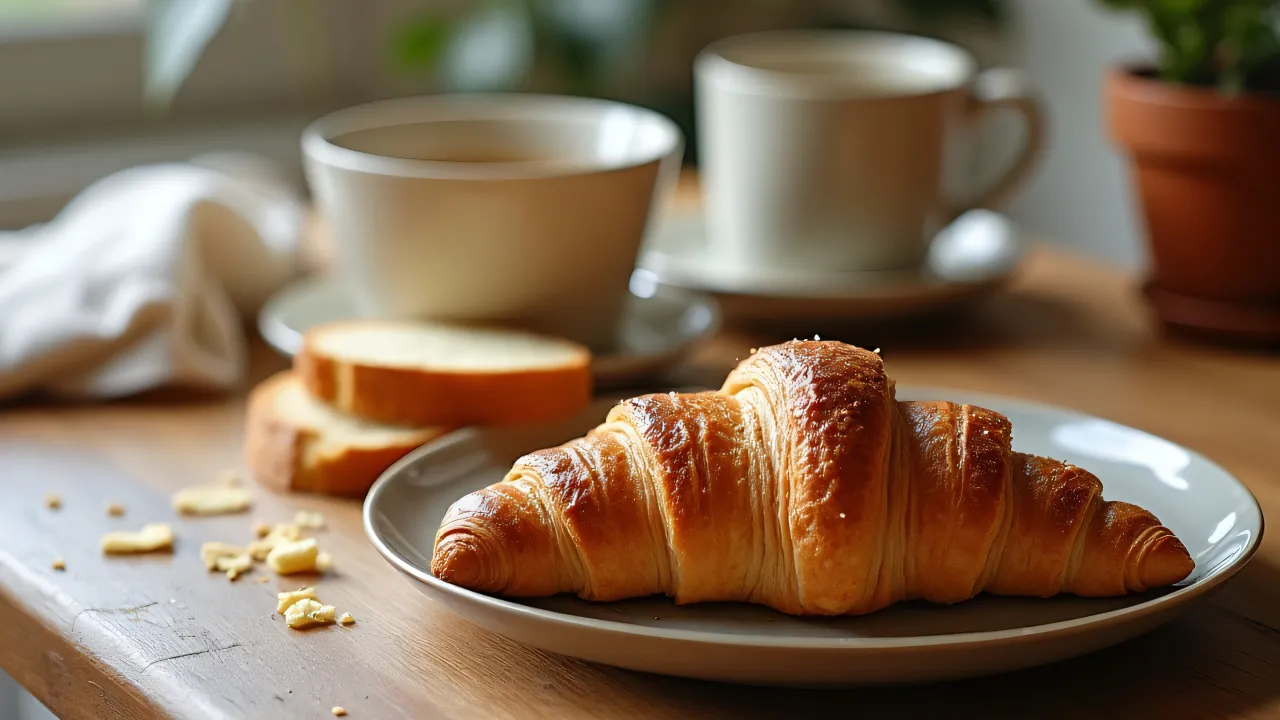A close-up of a flaky croissant and sliced bread beside a steaming mug on a wooden table.