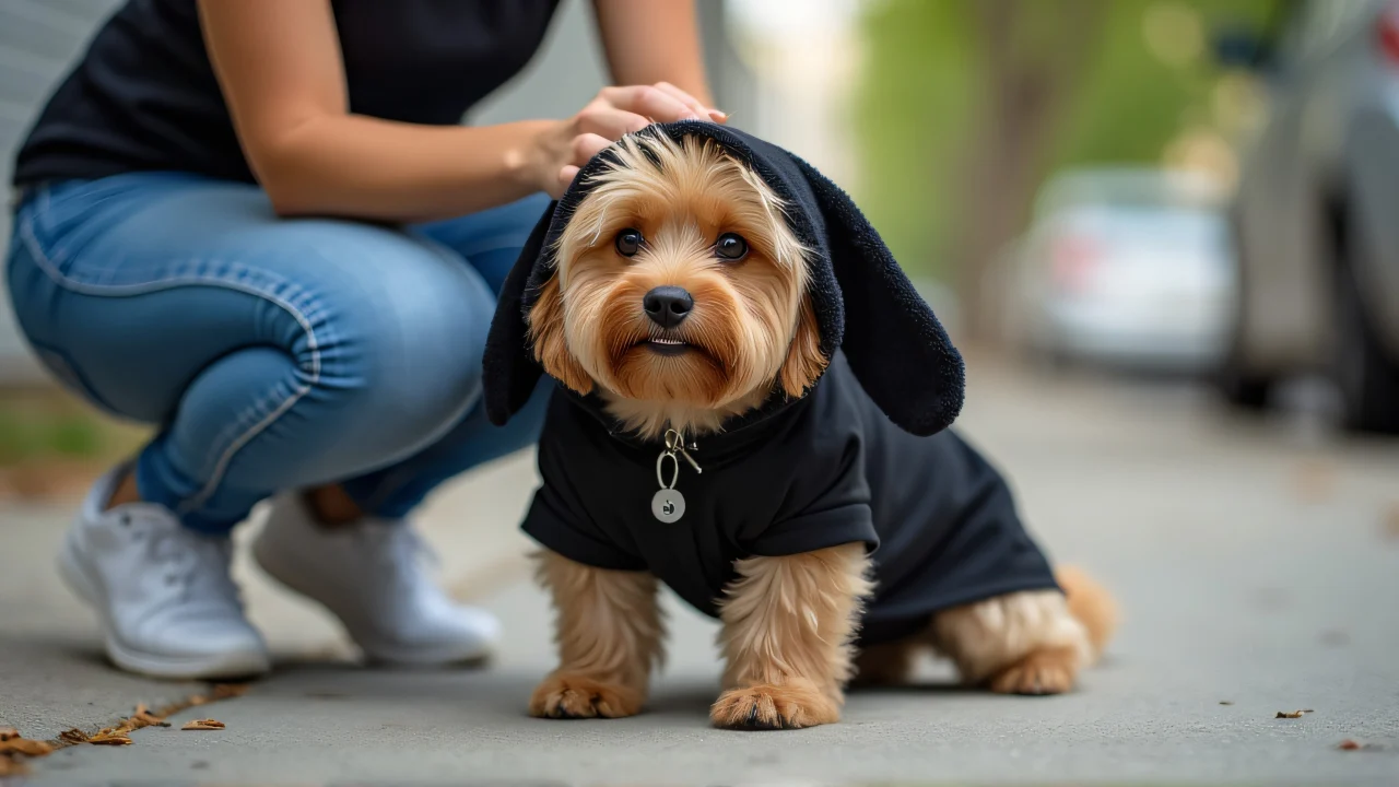 A person crouches down to pet a brown dog dressed in a black-and-white costume on the sidewalk.