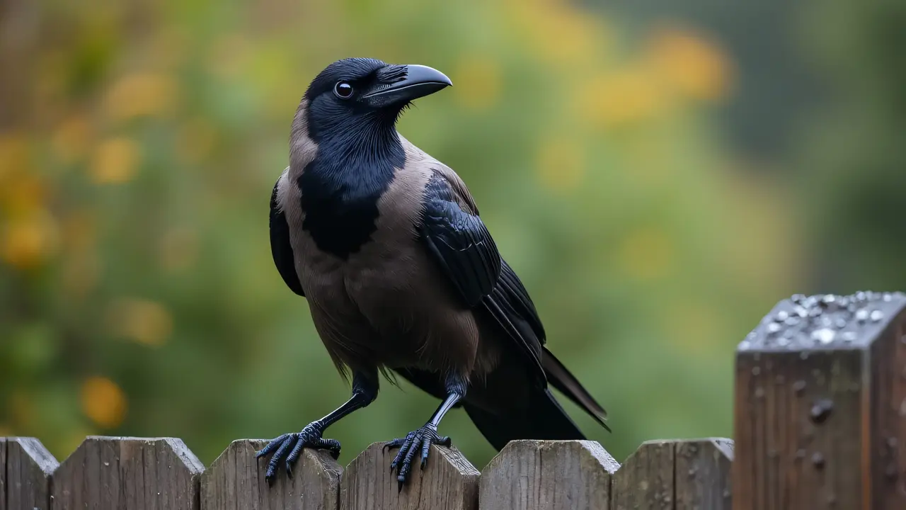 A close-up of a crow sitting on a rain-soaked wooden fence in soft afternoon light.