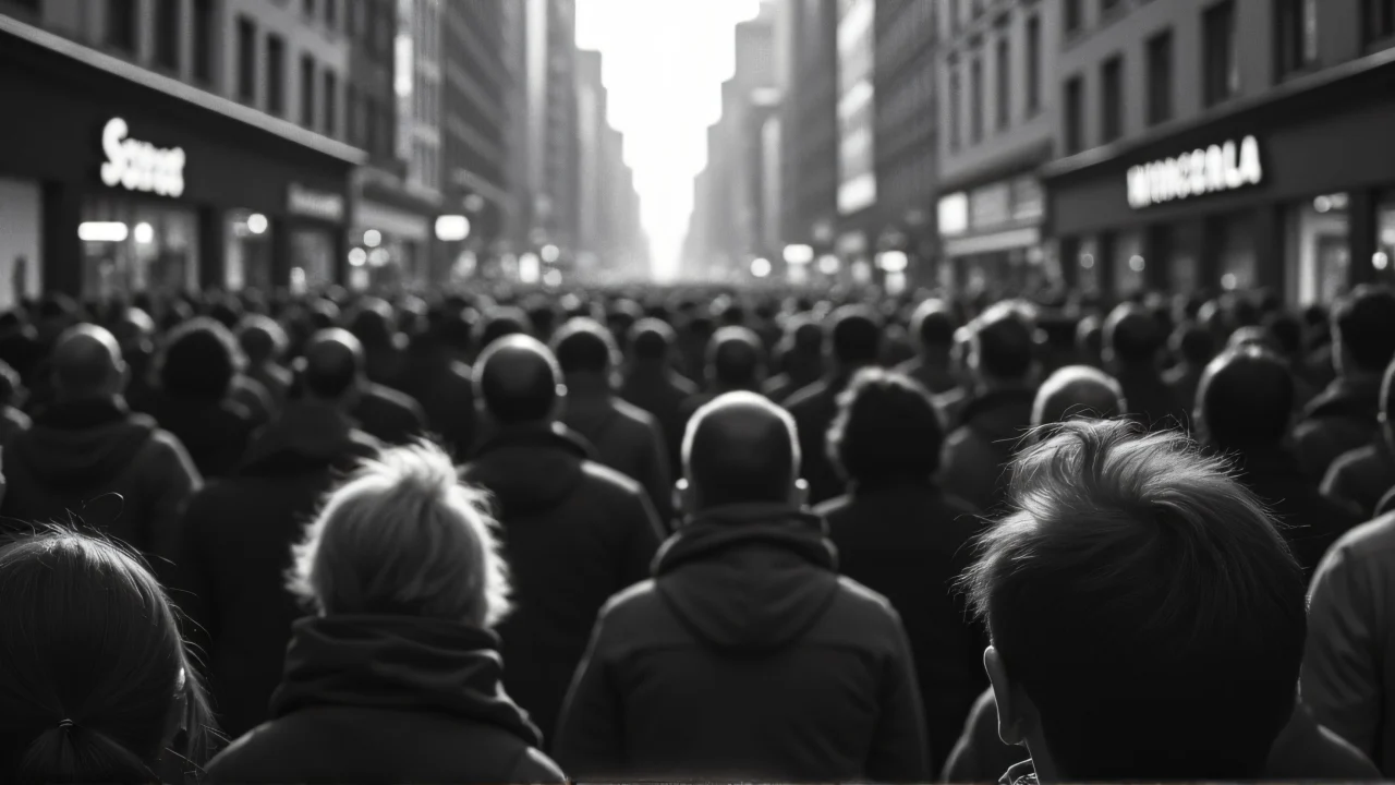 High-contrast black-and-white image of a dense crowd on a city street.