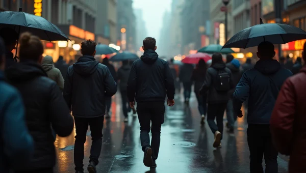 Crowd Running in Rainy City Street at Dusk