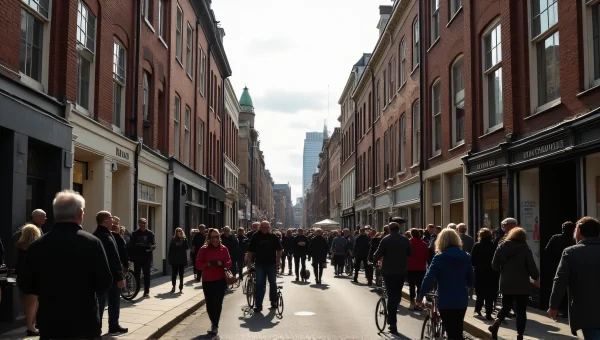 Crowd Walking Narrow Road Between Tall Brick Buildings