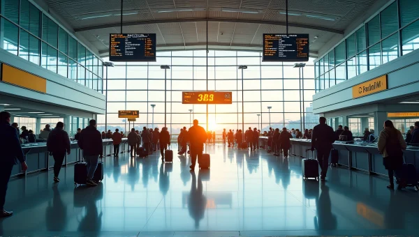 Crowded Airport Terminal Interior With Travelers
