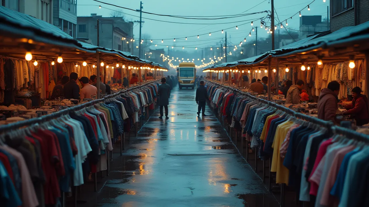 Wide aerial view of a busy clothing lot at dusk with shoppers and lights.