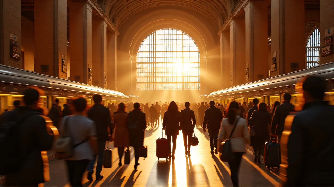 Interior of a crowded historic train station during golden hour with travelers and luggage in motion.