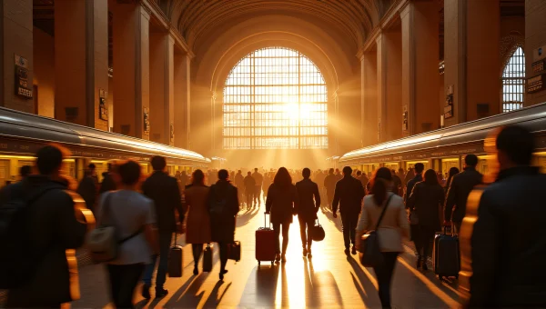 Crowded Historic Train Station Interior With Travelers