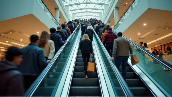 Crowded Mall Escalator Scene With Diverse Shoppers