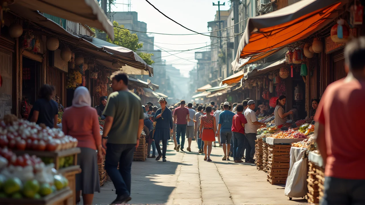 Candid street scene of a busy open-air market with diverse vendors and shoppers exchanging goods.