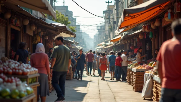 Crowded Open-Air Market At Midday With Vendors