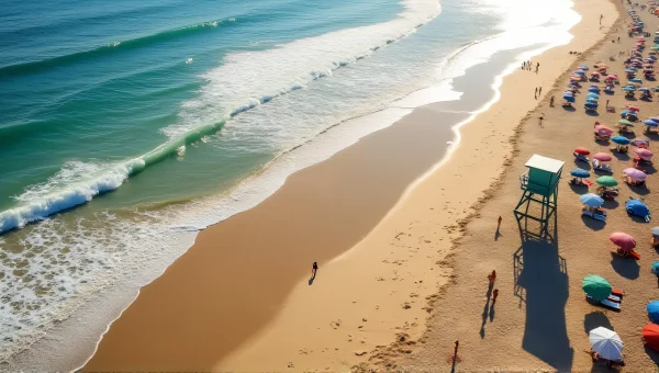 Crowded Shoreline With Colorful Umbrellas And Waves