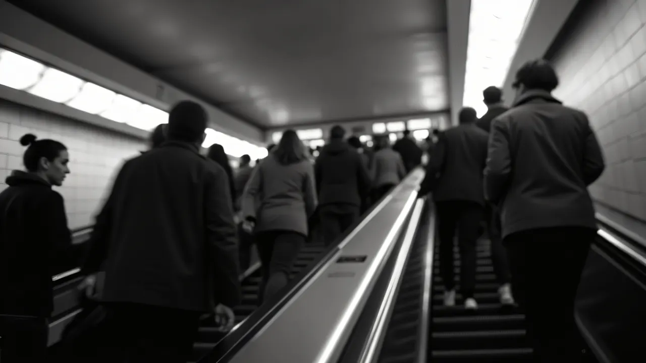 Grayscale image showing people riding escalators in a busy subway station with motion blur.