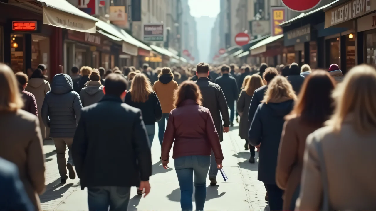 A busy urban street filled with people of all ages walking together.