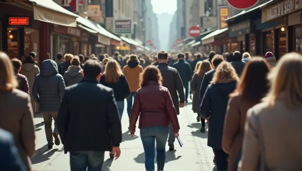 Crowded Urban Street Scene with People Walking