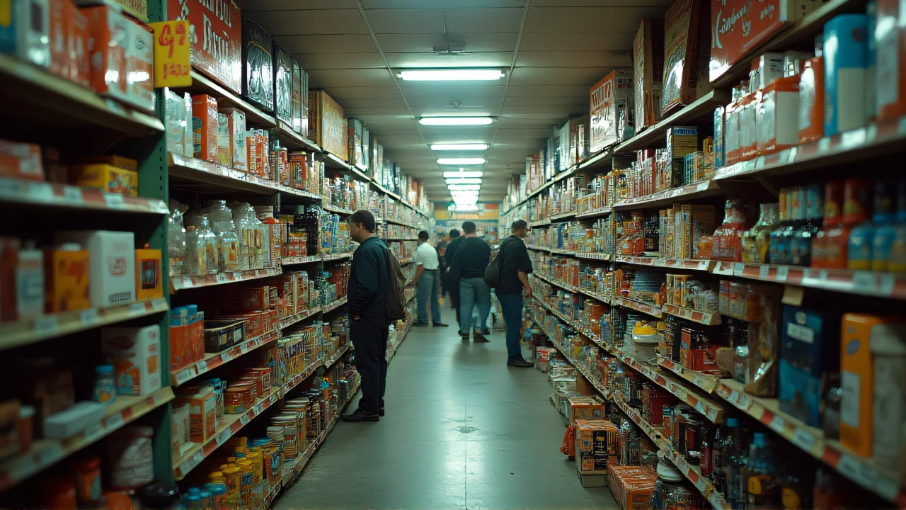 Interior view of a busy variety store with vibrant goods and customers shopping in narrow aisles under fluorescent lights.