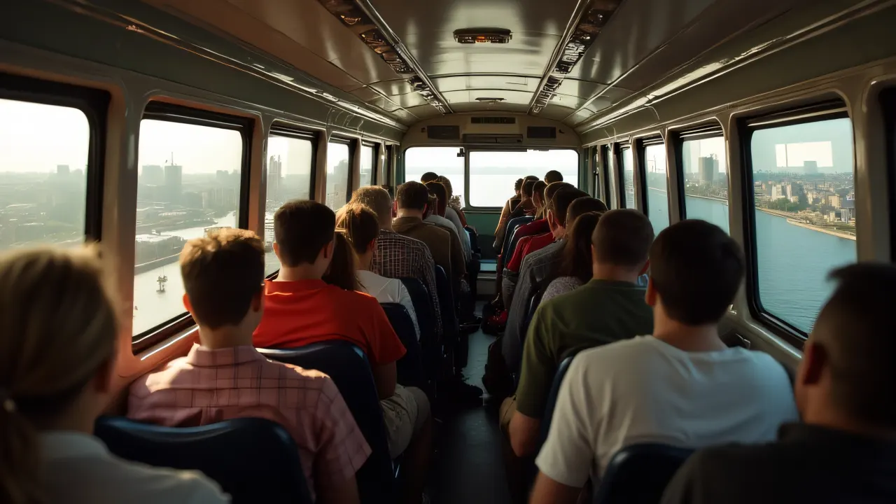 Interior view of a crowded vehicle with diverse passengers and cityscape outside.