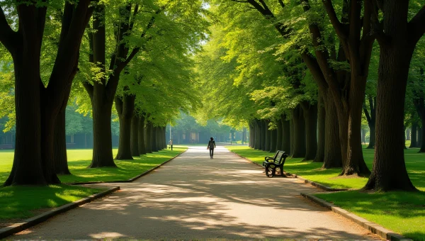 Curving Park Pathway Under Tall Trees with Bench