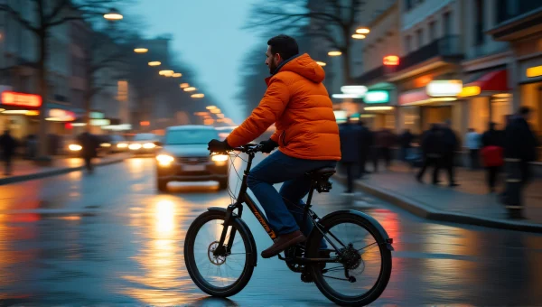 Cyclist in Orange Jacket Riding Wet City Street