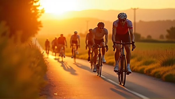 Cyclists Pedaling on Country Road at Golden Hour