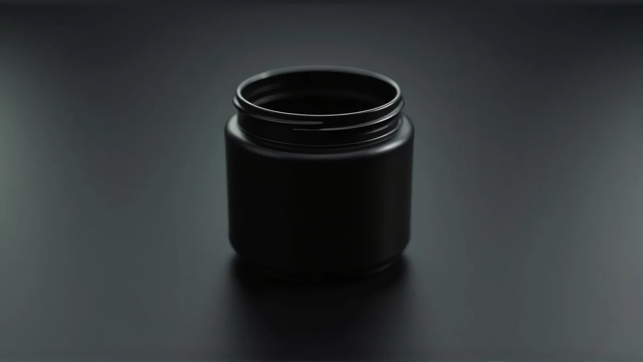 Close-up of a cylindrical black container on a matte surface with soft overhead lighting.