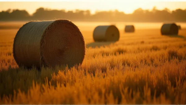 Cylindrical Hay Rolls Sunlit Grass Field