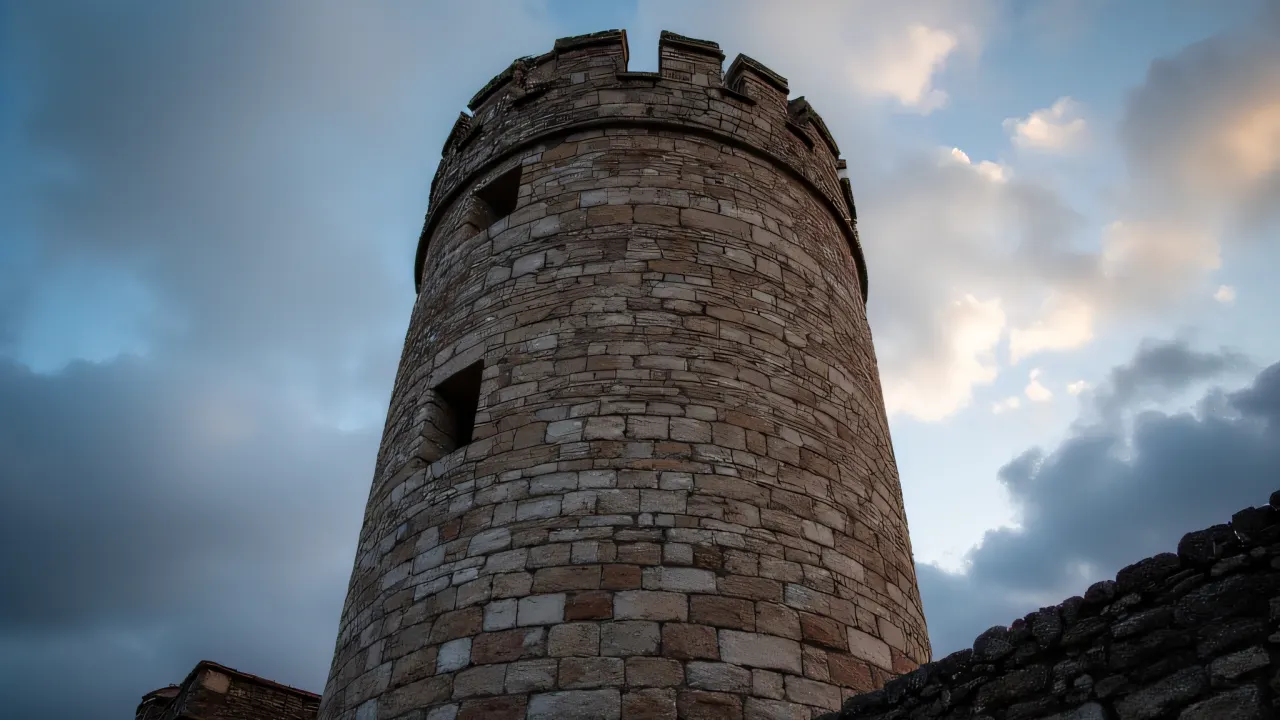 A low-angle view of a cylindrical stone wall tower against a dramatic evening sky.