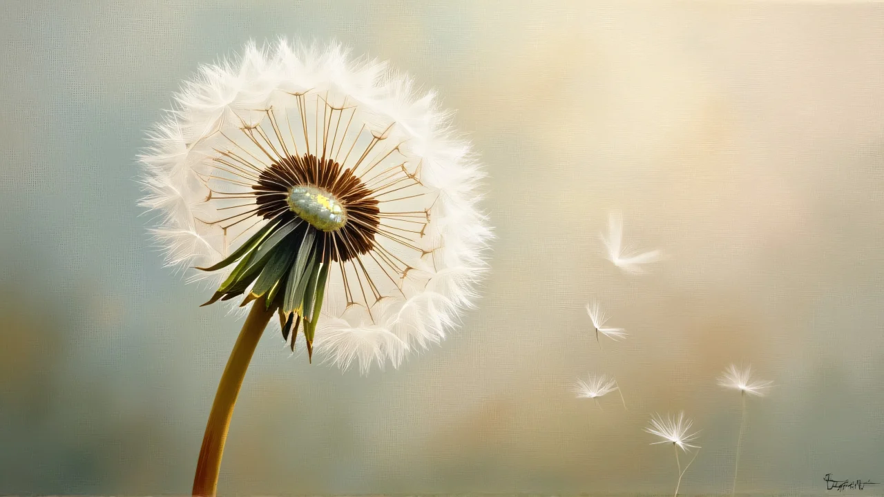 Close-up of a dandelion seed head painting with soft lighting and textured background.
