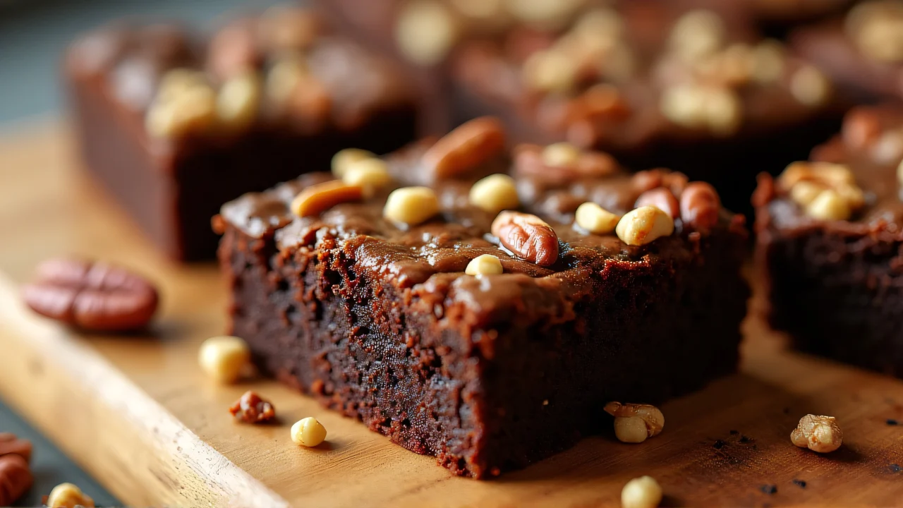 Close-up of rich brownies with mixed nuts on a wooden board, highlighting textures and warm light.
