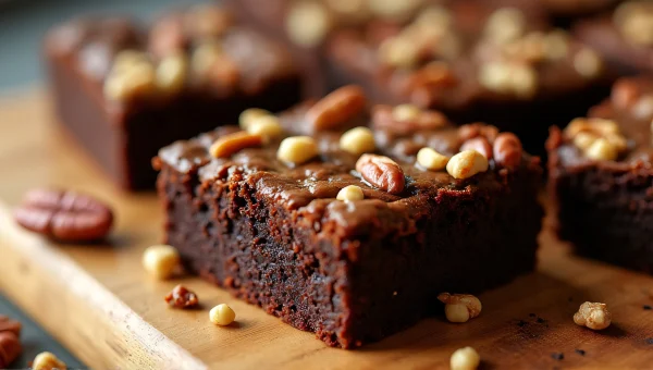 Decadent Brownies With Nuts On Wooden Board