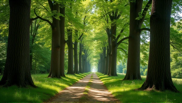 Deciduous Tree Grove With Sunlight Pathway
