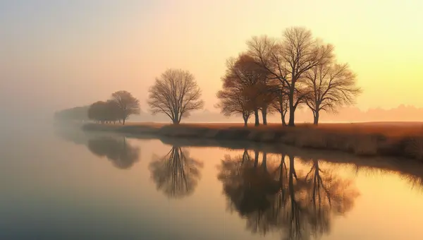 Deciduous Trees Reflecting on Calm Lakeshore