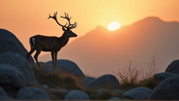 Deer Standing On Rugged Boulders At Sunrise