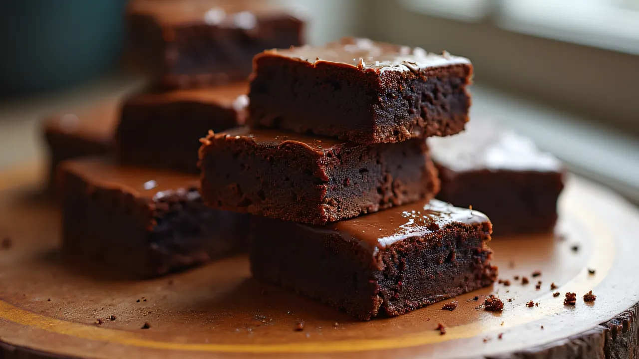 Close-up of stacked brownies with glossy ganache on wood.