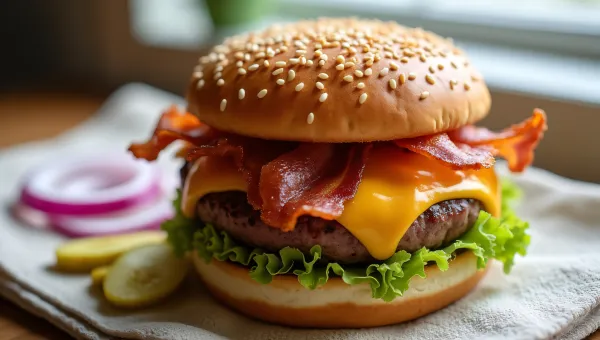 Delicious Ham Bacon Burger with Cheese and Pickles
