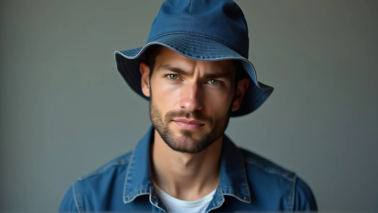 Portrait of a man in a denim bucket hat and jacket against a neutral background.